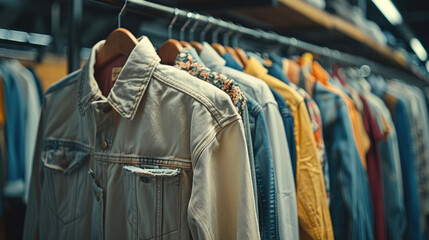 Poster - Clothing on Clothes rack in clothing store, consumerism.
