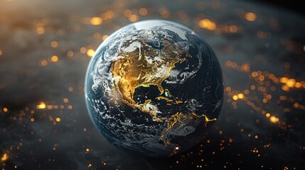 Fototapete - Earth from space, Planet Earth, black and gold color scheme, city lights.