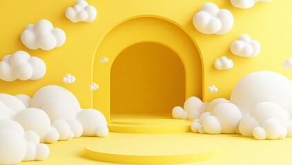 Poster - Yellow 3D Render of an Archway with Clouds and Platforms