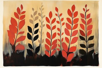 Aufkleber - Bold red and black leaves in an abstract art style symbolize strength and creativity, painted against a soft background for a modern, dynamic effect.