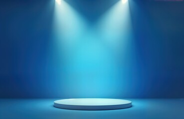 Poster - Empty blue room with spotlight on stage. 3D render design. Suitable for product display fashion show. Modern style. Empty space for presentation. Blue gradient walls. Spotlight highlights central