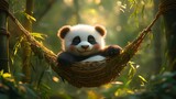 Adorable baby panda bear peacefully sleeping in a woven hammock nestled within a bamboo forest, bathed in warm sunlight.