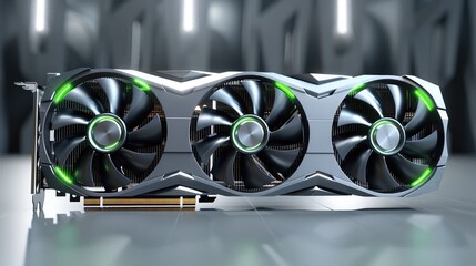 Aufkleber - Design of graphics card with 3 fans, product design, 3D rendering, front view, gray background.