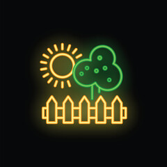 Poster - Green neon tree and a yellow neon sun shining over a yellow neon fence on a black background