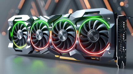 Aufkleber - Design of graphics card with 3 fans, product design, 3D rendering, front view, gray background.