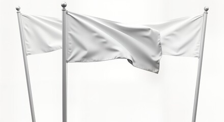 Poster - Blank white flag waves gently on flagpoles. Isolated design. Empty space for custom message promo. Versatile advertising concept. Suitable for marketing purposes. Simple design. Clean lines.