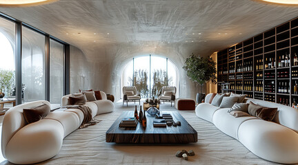 Poster - Living room in the central, home decor, curved sofas off white and vivid armchairs, and wine wall cellar with indirect lights showing case the bottles.