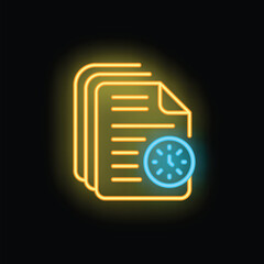 Poster - Glowing neon icon of documents with clock representing time management and deadlines