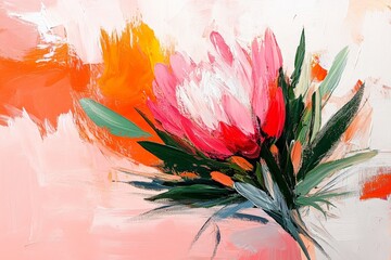 Aufkleber - A vibrant abstract painting portrays a bold, pink and orange flower with dynamic brushstrokes and expressive colors, inviting viewers into a world of imagination and joy.