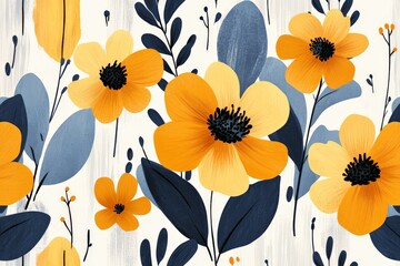 Poster - A lively floral composition featuring bright orange flowers and deep blue leaves on a white background, blending modern and classic styles for a striking effect.