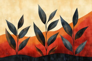 Poster - This artwork illustrates abstract plants with dark leaves against a warm, vibrant background, blending natural and geometric elements in a modern aesthetic style.
