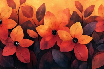 Poster - A dynamic abstract painting featuring vibrant orange floral elements set against a warm, textured backdrop, blending artistic creativity with expressive colors.
