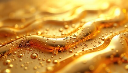 Poster - Abstract gold liquid background with flowing curves. Gold texture shows water drops, sparkles. Dynamic, luxurious design. Beautiful fluid pattern. Elegant art piece evokes opulence, modern design.