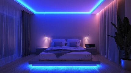 Wall Mural - Modern bedroom with a dropped ceiling and LED lighting around its edges for a floating effect