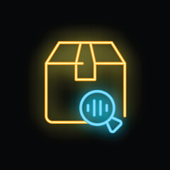 Poster - This neon sign is representing a magnifying glass inspecting a cardboard box, symbolizing the concept of package tracking
