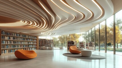 Poster - Modern library with a ceiling featuring a wave-like pattern for a dynamic feel