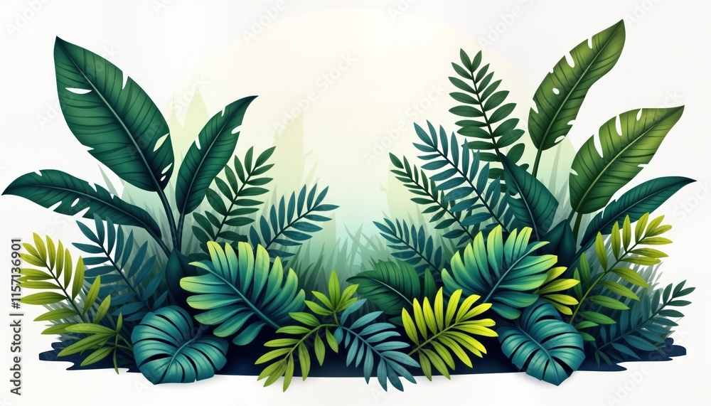 Tropical jungle foliage illustration shows rich plants with vibrant ...