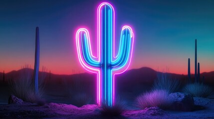 Poster - Neon cactus-shaped sign glowing brightly in the night