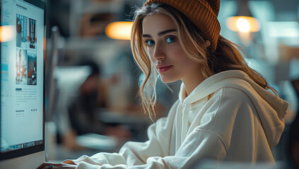 Leinwandbilder - A nice woman, she is clothes designer sitting in his office and making cool white hoodie, luxury office, digital office.