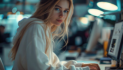 Leinwandbilder - A nice woman, she is clothes designer sitting in his office and making cool white hoodie, luxury office, digital office.