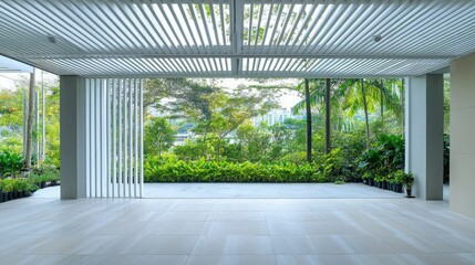 Poster - Patio with a slatted white ceiling and a view of lush greenery beyond