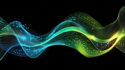Fototapete - Abstract Green Blue Glowing Waves Particle Design Dark Background
