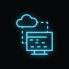 Poster - Neon icon representing cloud computing with desktop computer and data transfer