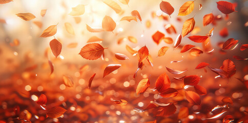 Poster - A Background of falling leaves in autumn The colors are bright and vivid, with a soft, glowing light effect creating a warm and cheerful atmosphere.