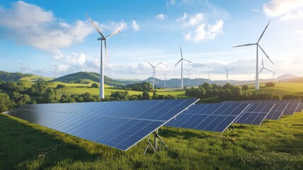 digital rendering of a picturesque landscape featuring a solar panel array in the foreground and a w