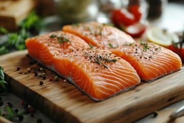 Wall Mural - Fresh salmon fillets prepared on a wooden cutting board with herbs and spices