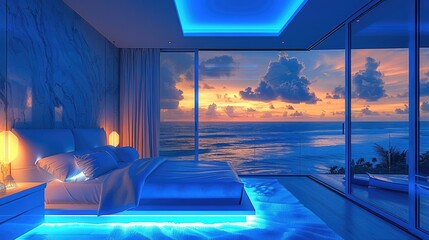 Poster - Luxury bedroom, super tall windows, blue LED lights, ocean outside.