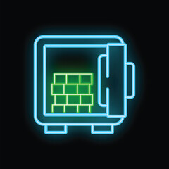 Poster - Glowing neon line safe with gold bars icon isolated on black background. Armored box. Bank vault. Vector illustration