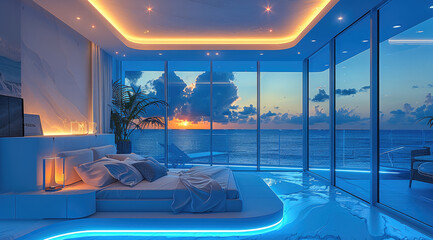 Poster - Luxury bedroom, super tall windows, blue LED lights, ocean outside.