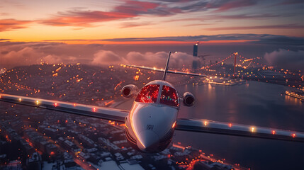 Poster - Santa Claus flying in a airplane with colorful Christmas lights flying over the city at sunset.