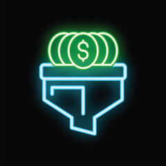 Poster - Glowing neon icon of a sales funnel converting money into profits, great for business and marketing concepts