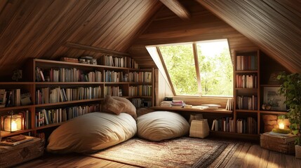 Wall Mural - Small attic library with a low wooden ceiling and built-in bookshelves creating a cozy nook