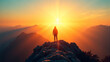 © cyishu - a person climbing a mountain at sunrise, symbolizing persistence in pursuing goals and the process of self-transcendence. Sunlight filled with hope, resilience, and a sense of achievement.