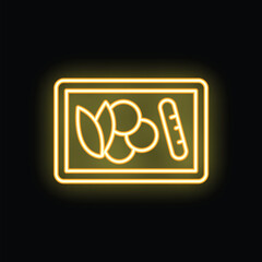Poster - Yellow glowing neon icon of lunchbox filled with healthy food, symbolizing nutrition and meal preparation