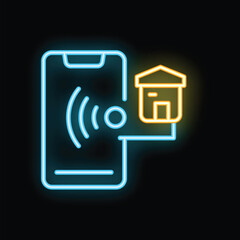 Poster - neon icon of a smartphone connecting to a home network using a wifi signal