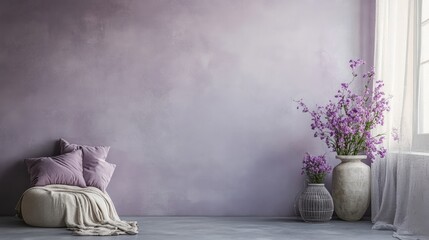 Poster - Soft lavender wall with faint floral patterns for a vintage look