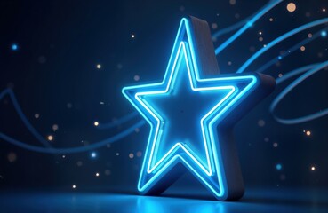 Poster - Neon blue glowing star icon on dark background. Blue light lines, sparkles create festive mood. Three-dimensional star shape. Award symbol design. Modern illustration, suitable for web app design.