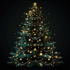Aufkleber - A vector of a vibrant Christmas tree decorated with satin green decorations on a black background.