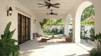 Poster - Spanish-inspired patio with a smooth white ceiling and an outdoor ceiling fan