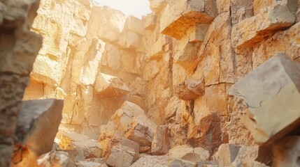 Poster - Stacked stone wall in warm tones of beige and orange