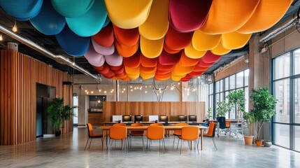 Poster - Stylish coworking space with a colorful ceiling installation made of fabric waves