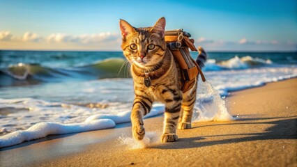 Wall Mural - Beach Cat Adventure: Action Shot of a Traveling Feline on Coastal Sands