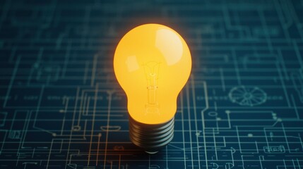 Poster - Light bulb shining on blueprint, representing innovation and ideas