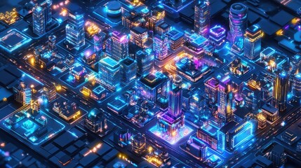 Poster - Tech grid city design illuminated with digital pathways and neon lights