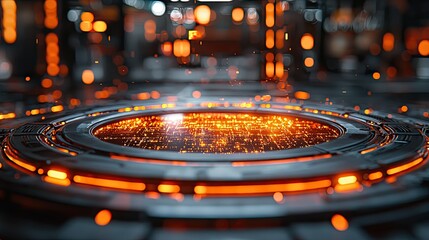 Poster - A futuristic, glowing circular interface with orange sparks in a high-tech environment.