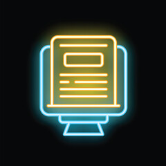Poster - Glowing neon icon of online newspaper displaying on computer screen against dark background